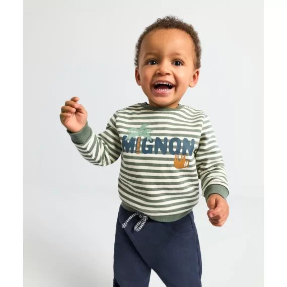 Sweat bébé garçon rayé vert et blanc en fibres recyclées –  – Soldes