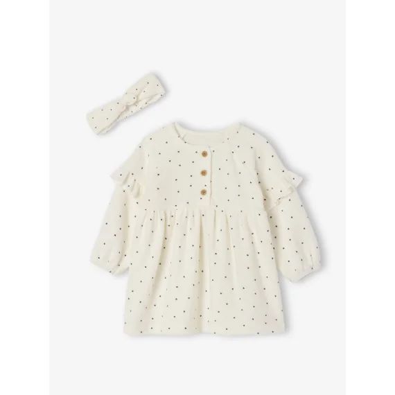 Ensemble naissance robe + bandeau imprimés cœurs écru