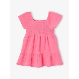 Robe bébé smockée en gaze de coton rose bonbon