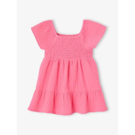 Robe bébé smockée en gaze de coton rose bonbon