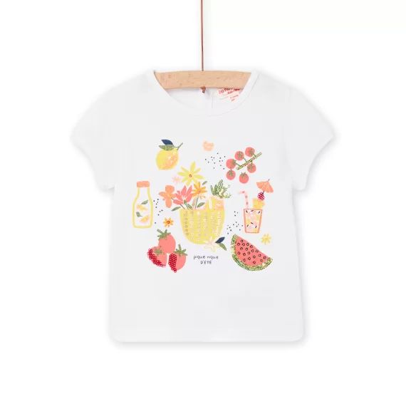 T-shirt Blanc À Motifs Fantaisie Et Sequins Bébé Fille