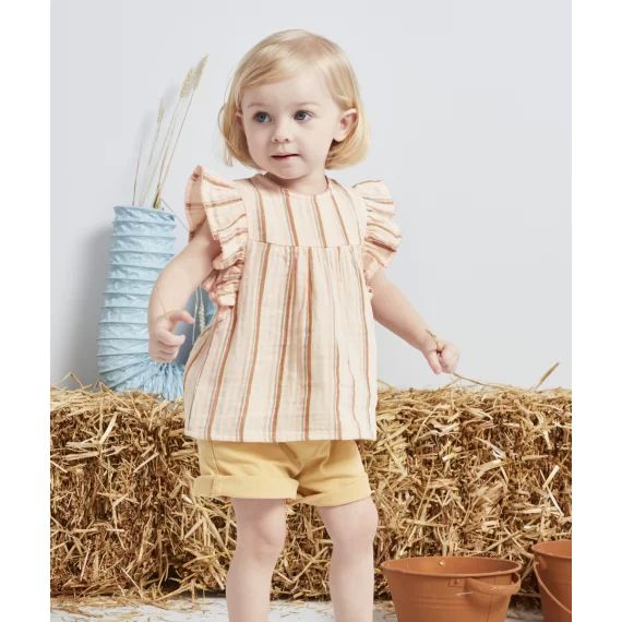 Blouse bébé fille en coton rose avec rayures colorées –  – Soldes