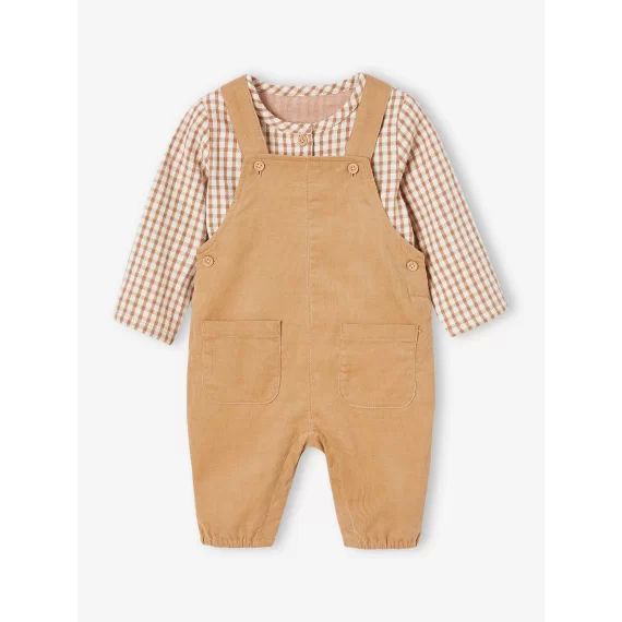 Ensemble bébé salopette en velours et chemise à carreaux taupe