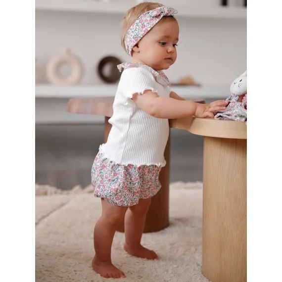 Coffret cadeau ensemble bébé t-shirt + bloomer + bandeau + doudou écru