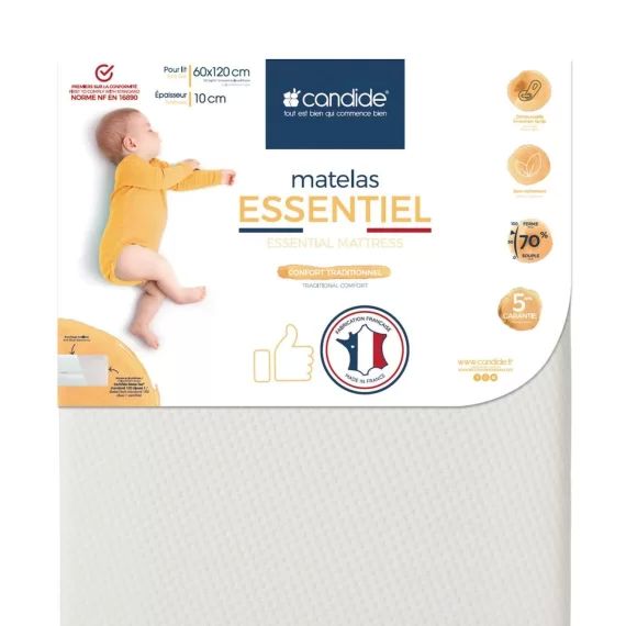 Matelas Bébé Essentiel – CANDIDE – 60x120x10cm – Déhoussable – Confort Traditionnel – Fabriqué En France blanc