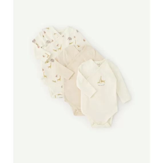 Lot de 3 bodies bébé écrus et beige thème animaux de la savane