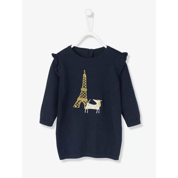 Robe bébé en tricot brodé chien bleu foncé