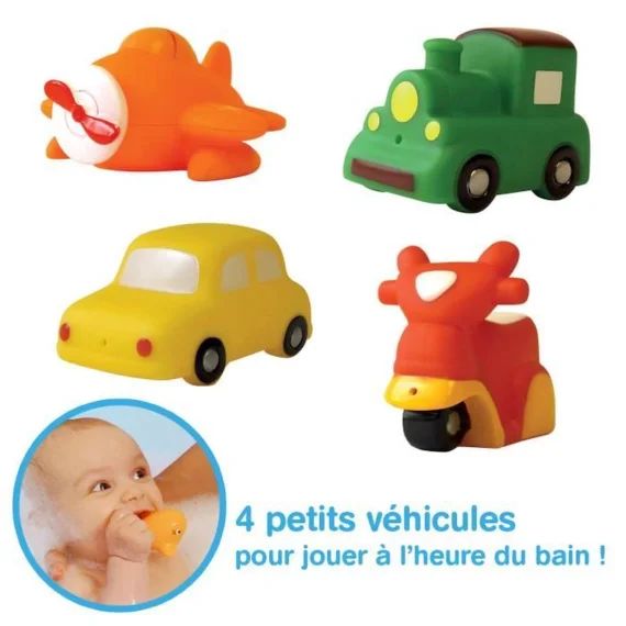 LUDI – Petits jouets en plastique pour jouer dans le bain Dès 6 mois. 4 transports arroseurs rigolos: voiture, avion, scooter, train jaune