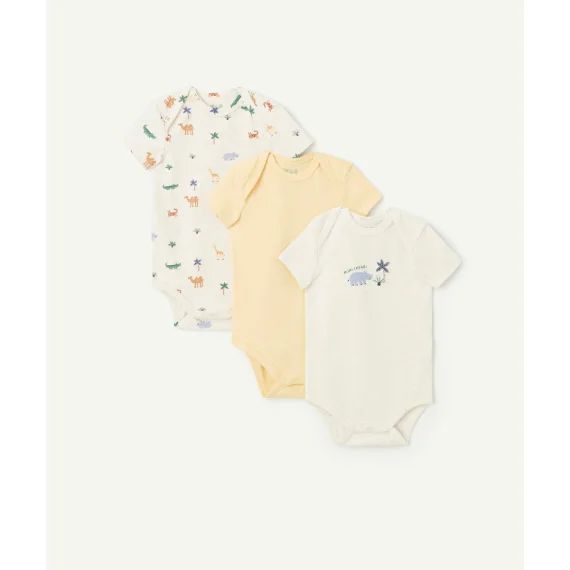 Lot de 3 bodies manches courtes bébé en coton bio thème rhinocéros