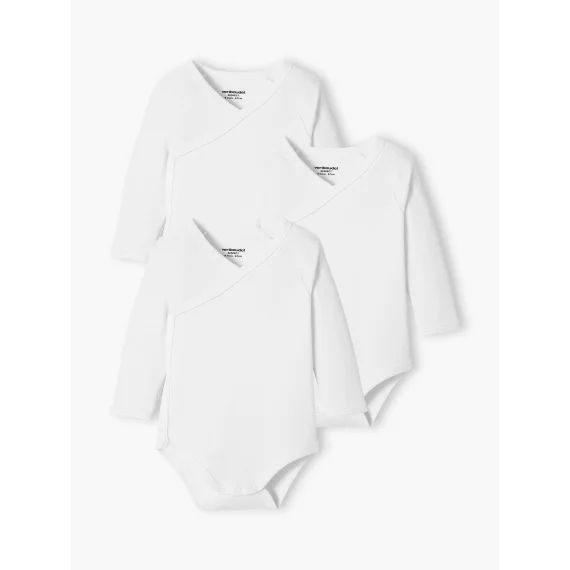 Lot de 3 bodies Bio Collection manches longues ouverture naissance BASICS lot blanc