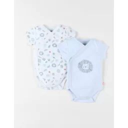 Ensemble De 2 Bodies Lion En Coton Écru/bleu Ciel Blanc
