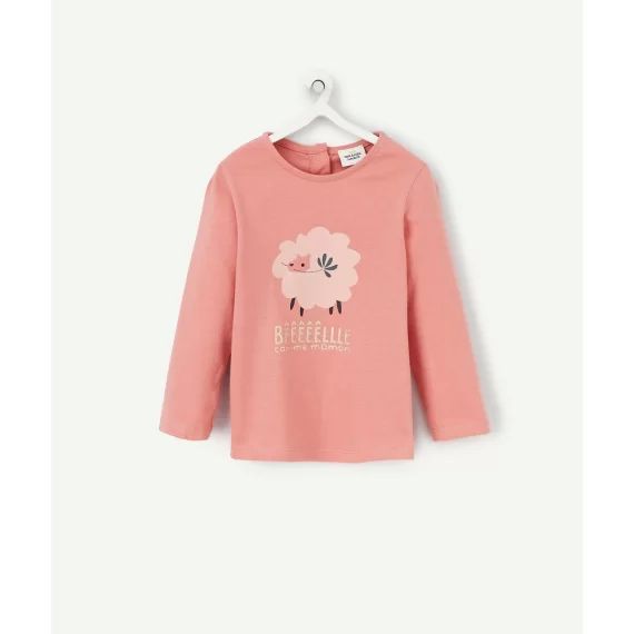 T-shirt à manches lingues bébé fille en coton bio rose motif mouton –  – Soldes