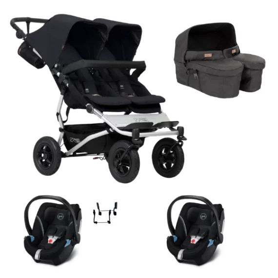 Poussette Double Mountain Buggy Duet V3.2 – Black + Nacelle Jumeaux + 2 Coques Auto Cybex Aton 5 – Deep Black