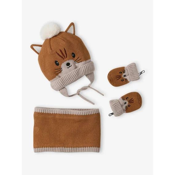 Ensemble animal bonnet + snood + moufles bébé noix de pécan