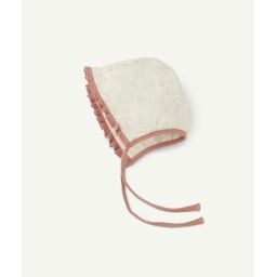 Bonnet béguin bébé fille écru et rose avec détails brodés –  – Soldes