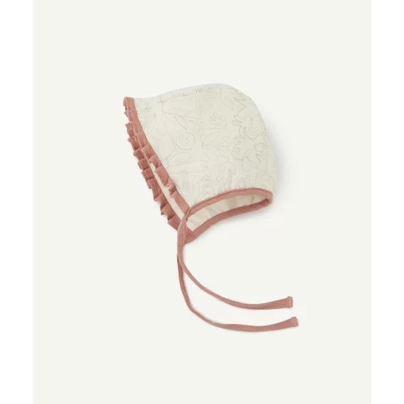 Bonnet béguin bébé fille écru et rose avec détails brodés –  – Soldes