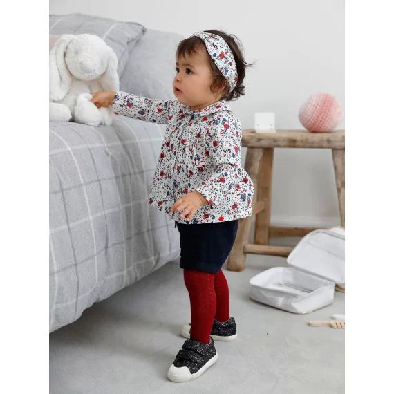 Ensemble 3 pièces bébé fille tee-shirt, short velours et bandeau encre