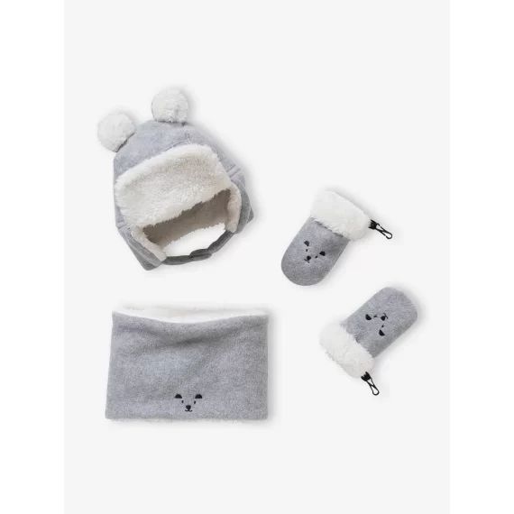 Ensemble ourson chapka + snood + moufles bébé gris clair