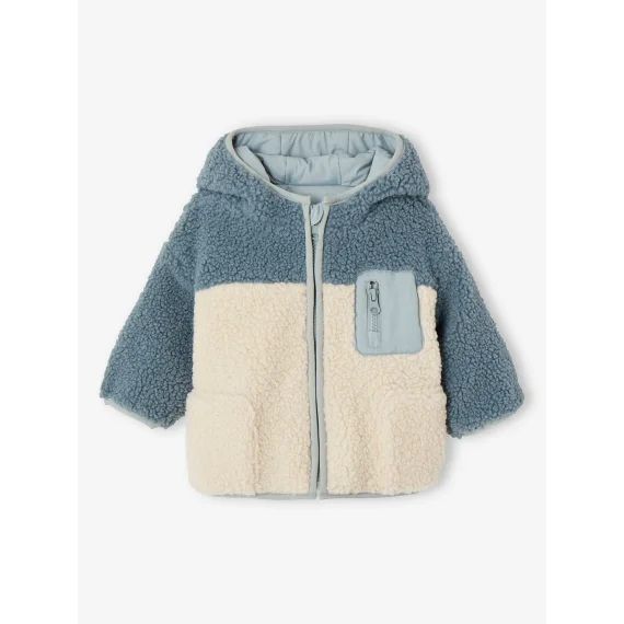 Blouson à capuche réversible bébé 1 face colorblock, 1 face unie vert d&rsquo;eau