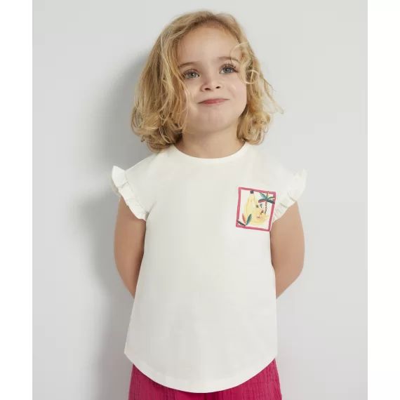 T-shirt anti-uv bébé fille en coton bio écru avec broderie et volants –  – Soldes