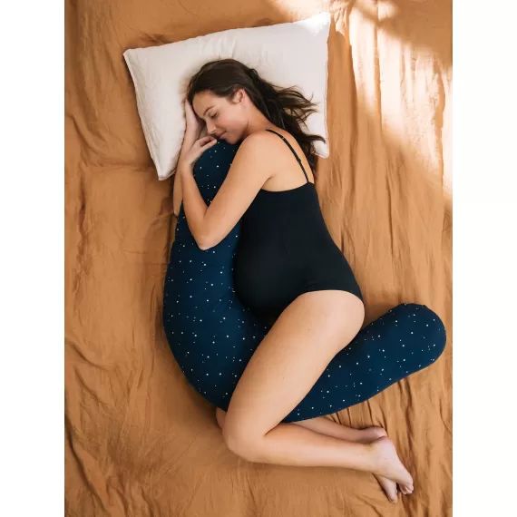 Coussin d&rsquo;allaitement + housse de protection Bio Collection bleu foncé/étoiles