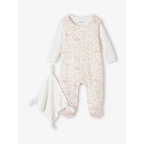 Ensemble naissance 3 pièces : combinaison + body + doudou en coton bio rose poudré