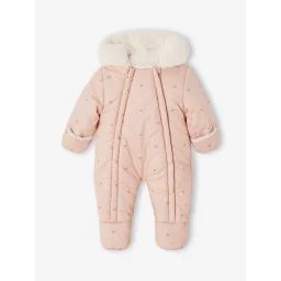 Combi-pilote imprimée coeurs bébé doublée fausse fourrure vieux rose