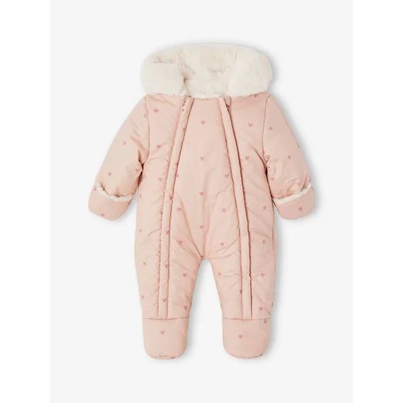 Combi-pilote imprimée coeurs bébé doublée fausse fourrure vieux rose