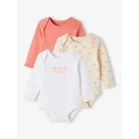 Lot de 3 bodies coeurs bébé emmanchure US manches longues écru