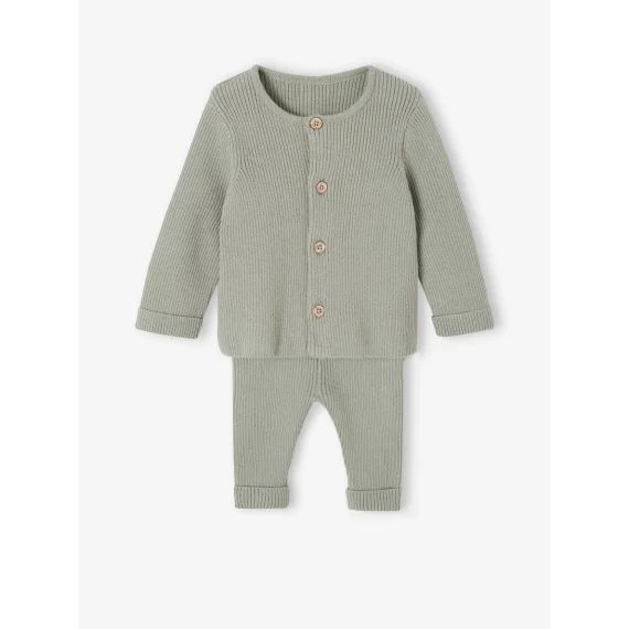 Ensemble mixte en tricot gilet et pantalon bébé vert sauge