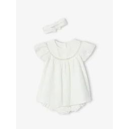 Ensemble naissance en broderie anglaise robe, culotte et bandeau écru