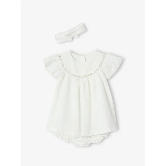 Ensemble naissance en broderie anglaise robe, culotte et bandeau écru