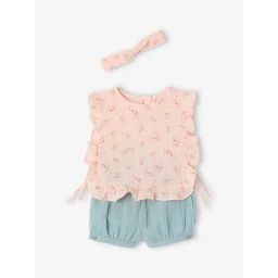 Ensemble bébé : blouse + short + bandeau en gaze de coton rose pâle