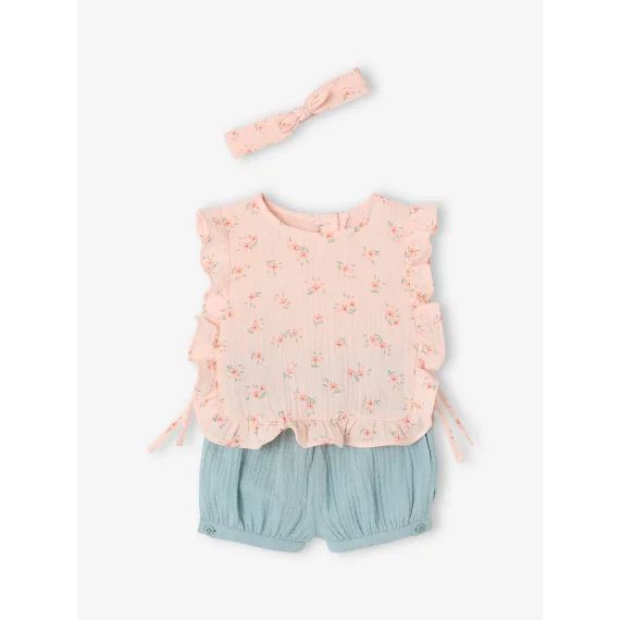 Ensemble bébé : blouse + short + bandeau en gaze de coton rose pâle