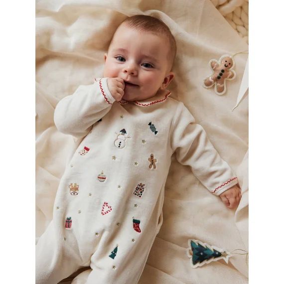 Pyjama de Noël brodé bébé en velours écru