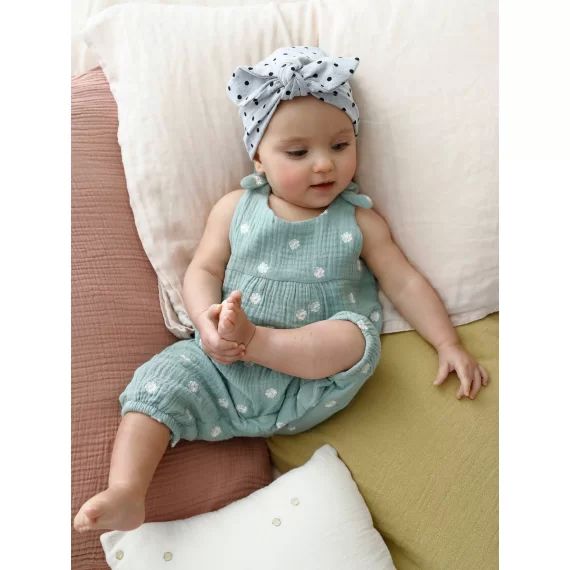 Combinaison bébé naissance brodée en gaze de coton tilleul