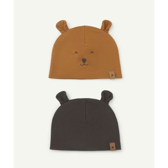 Lot de 2 bonnets bébé garçon ocre et gris avec oreilles –  – Soldes
