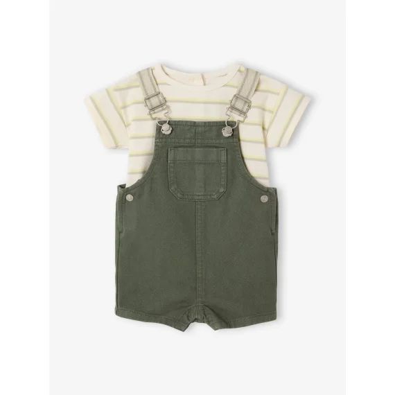 Ensemble t-shirt rayé et salopette bébé vert