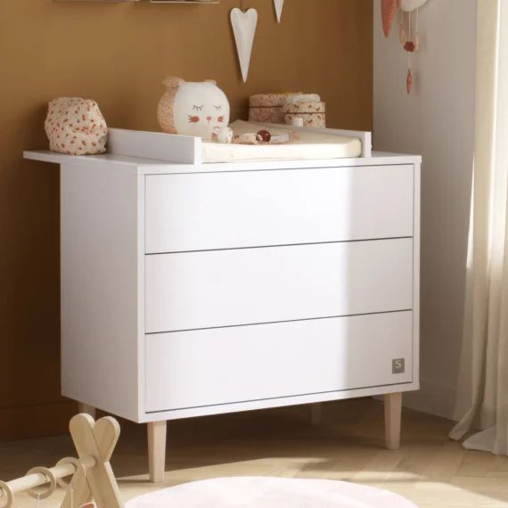 Commode 3 Tiroirs Pieds Bois Blanc/marron