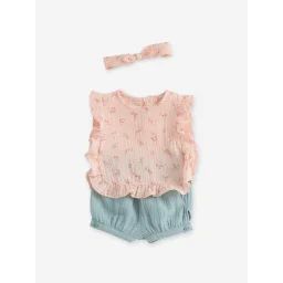 Ensemble bébé : blouse + short + bandeau en gaze de coton rose pâle