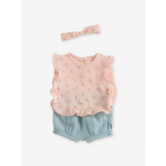 Ensemble bébé : blouse + short + bandeau en gaze de coton rose pâle