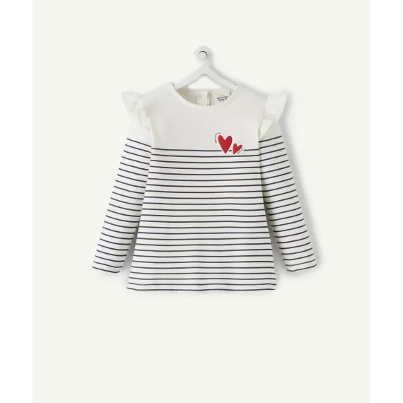 T-shirt en coton rayé bleu avec volants et message bébé fille –  – Soldes