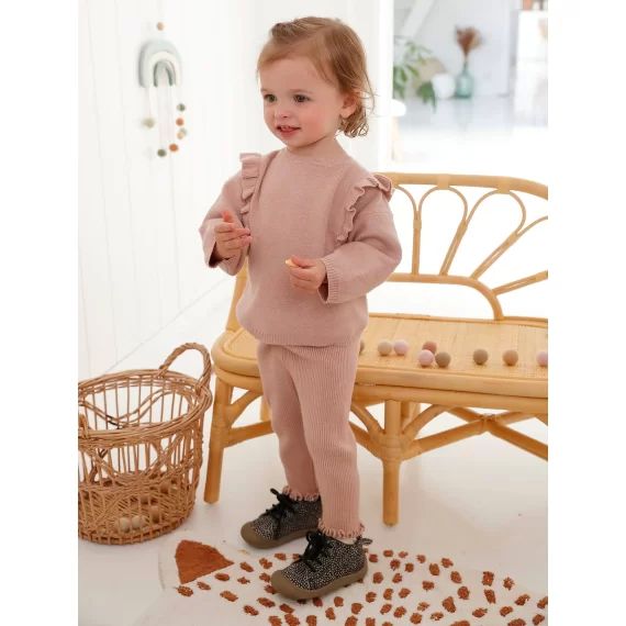 Ensemble bébé tricot pull + legging rose poudré