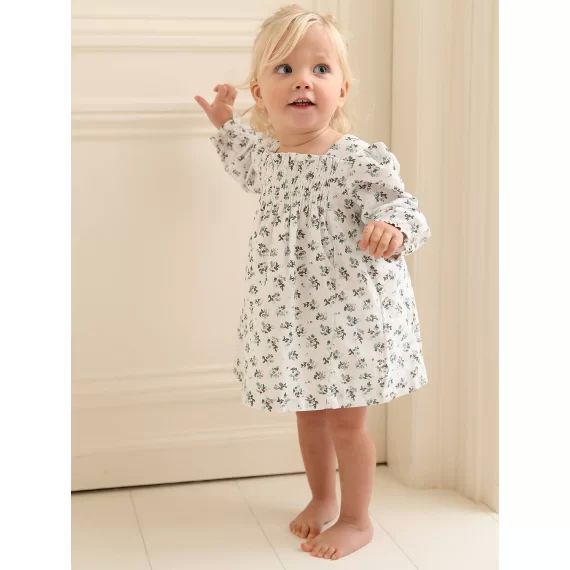 Robe à smocks bébé fleuri blanc