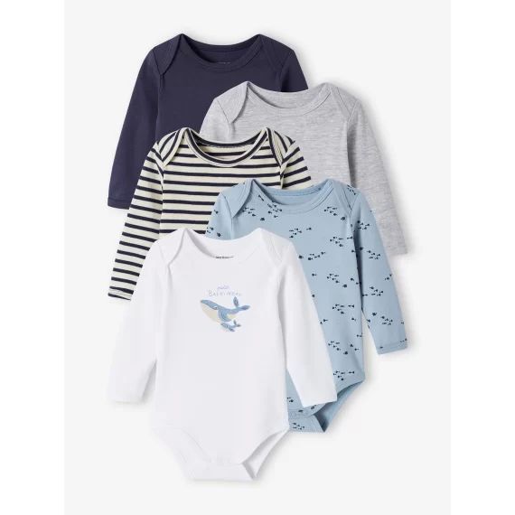 Lot de 5 bodies manches longues bébé emmanchure US en coton Bio bleu nuit