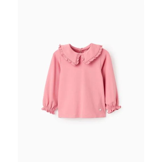 T-shirt Avec Col Claudine Et Volants Rose Clair