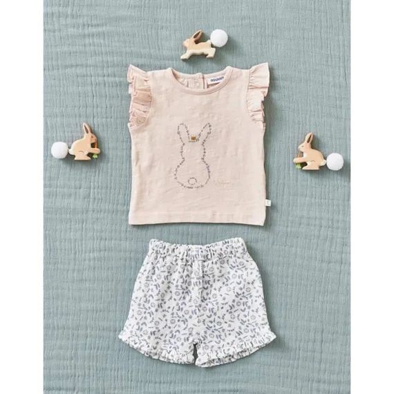 Set t-shirt imprimé lapin + short imprimé fleuri rose