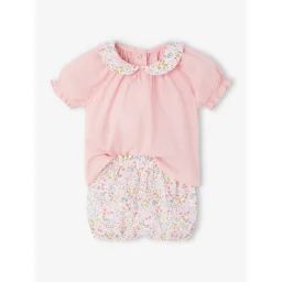Ensemble short et T-shirt naissance fleuri rose
