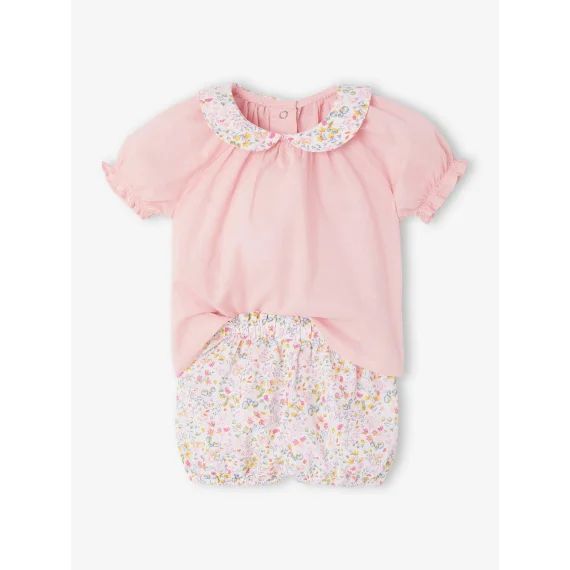 Ensemble short et T-shirt naissance fleuri rose