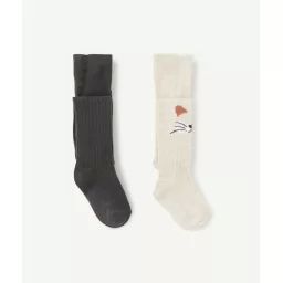 Lot de 2 collants bébé fille en tricot gris et écru avec motif chat –  – Soldes